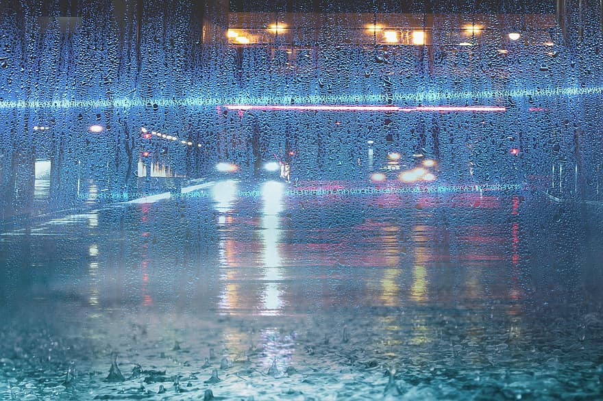 シティ、雨、ガラス、水たまり、ライト、通り、雨が降って