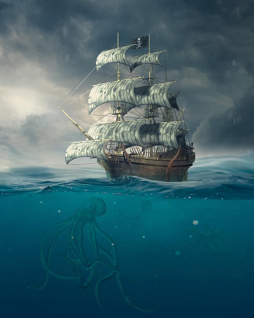 човен, пірат, море, шторм, Кариби, води, восьминіг, фантазія, світло, подорожі, пригоди