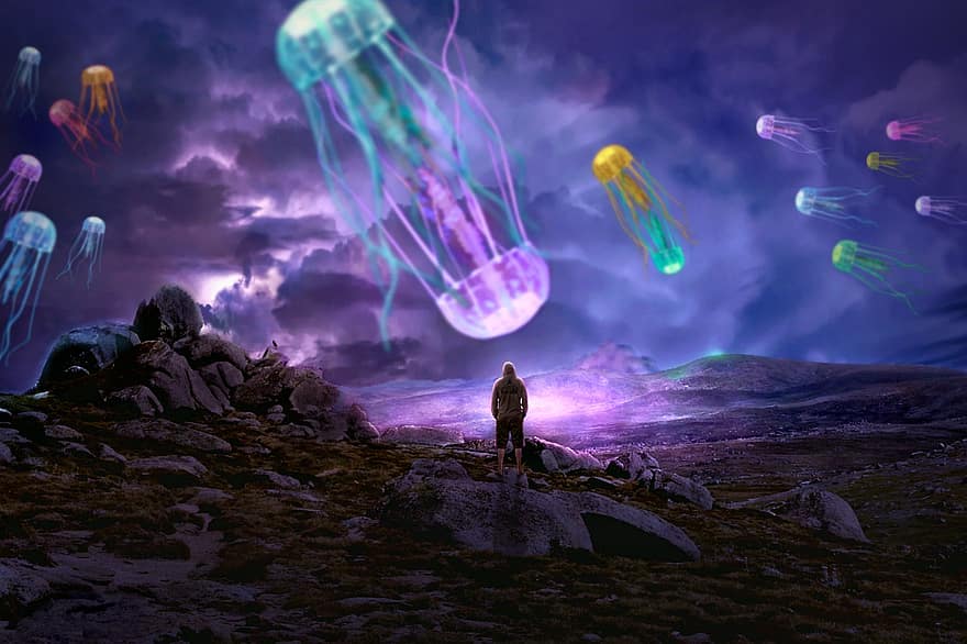medusa, surreal, fantasia, animal, criatura, tentáculos, noite, homem, montanhas, tempestade, imaginação